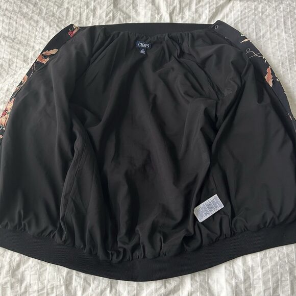 Chaps Satin Bomber Jacket Size L Black Pink Floral Colorful Snap Buttons - Picture 10 of 16